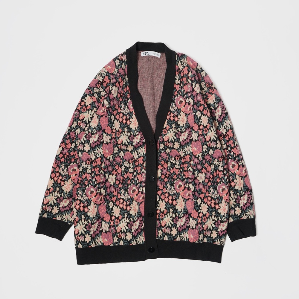 Zara Black Floral Knit Cardigan with Pink Accents